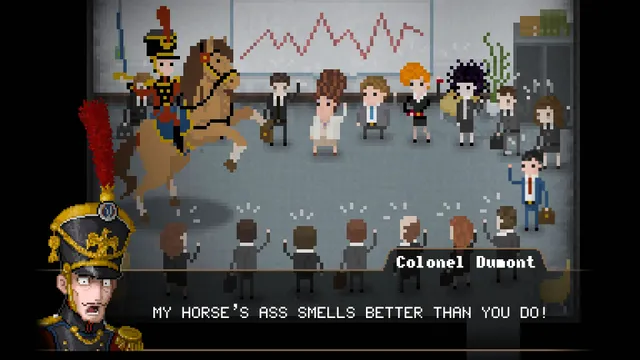 Yuppie Psycho: office staff cheer as Colonel Dumont rides a rearing horse through a meeting room and shouts an insult