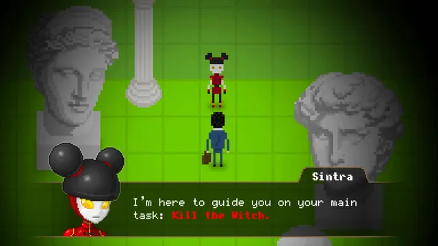Yuppie Psycho: a pale woman named Sintra tells Brian his main task is to kill the Witch, in a green room with giant statue heads