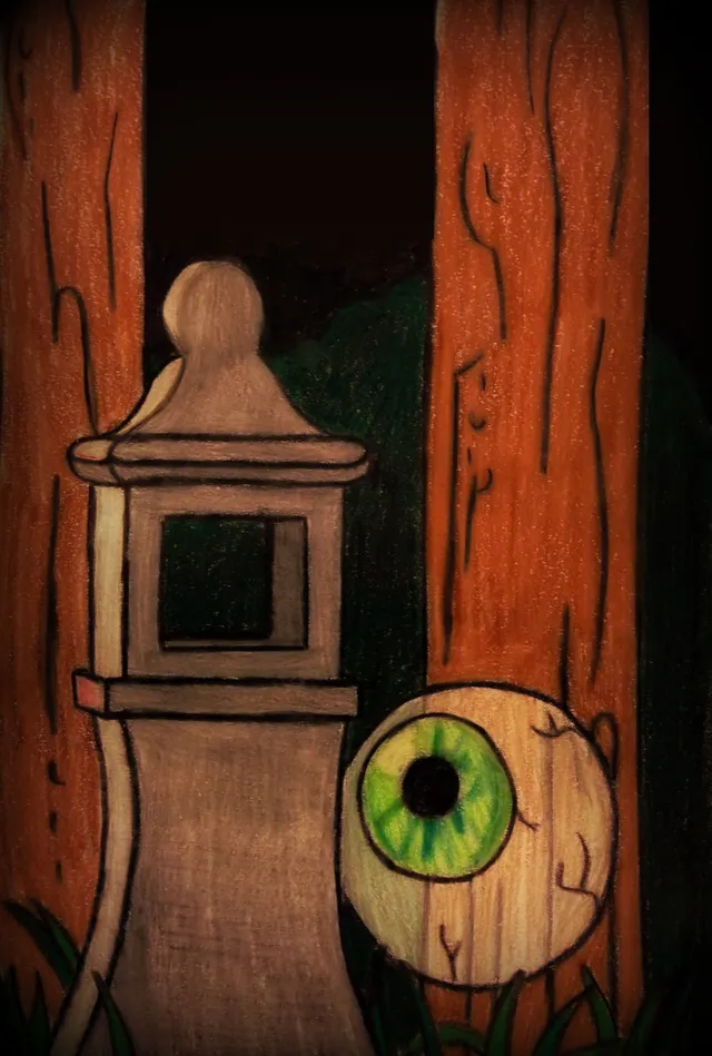 A stone lantern between red wooden pillars, with a giant green eye lying on the ground beside it