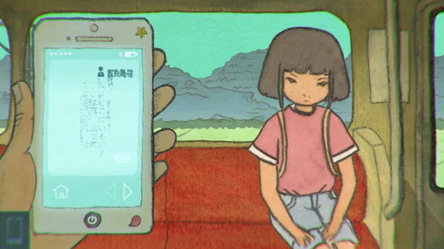 Yûrei Station: the girl seen from behind walks towards a red torii gate between dead trees, wooden grave markers and pale ghosts, painted in watercolour