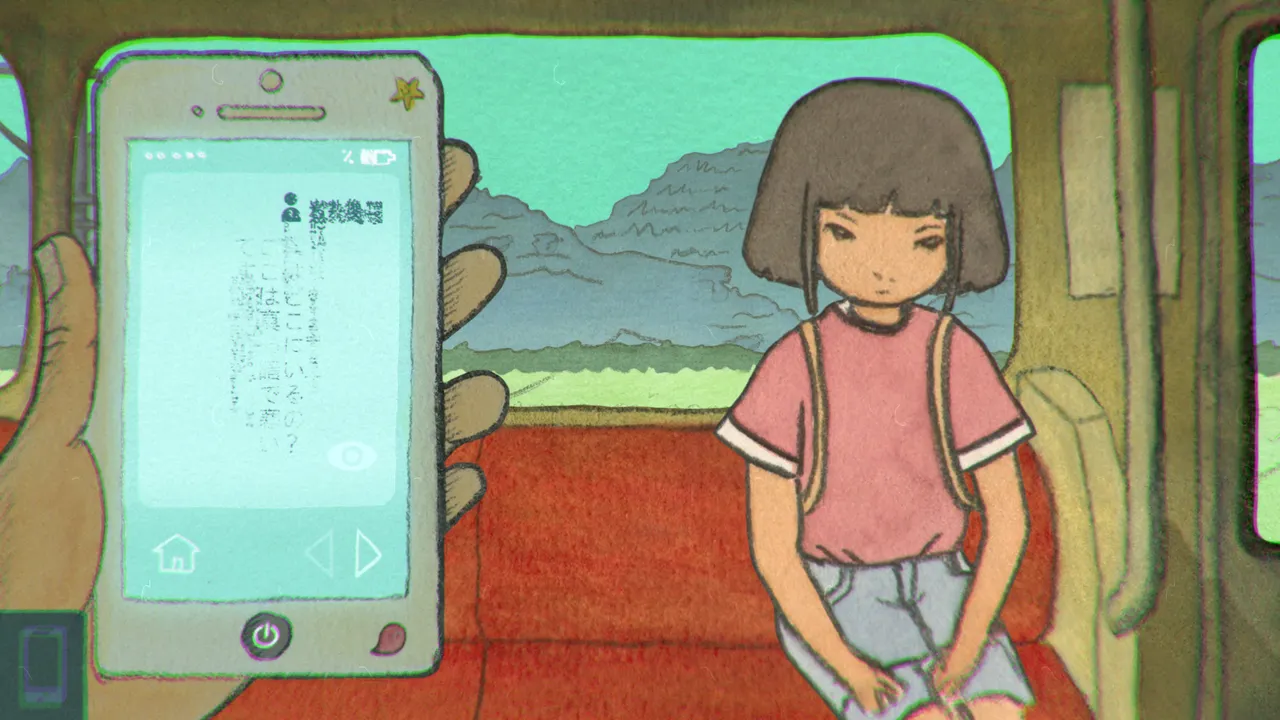 Yûrei Station: the girl seen from behind walks towards a red torii gate between dead trees, wooden grave markers and pale ghosts, painted in watercolour