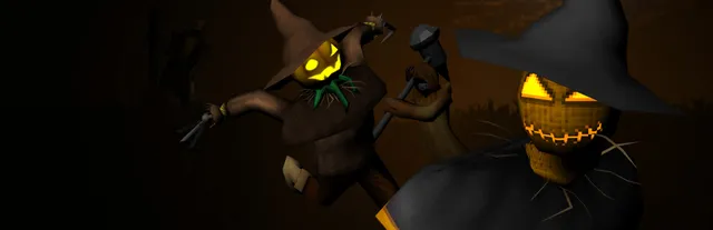 Zardy's Maze key art: two scarecrows with glowing jack-o'-lantern faces, one leaping with shears and a mace