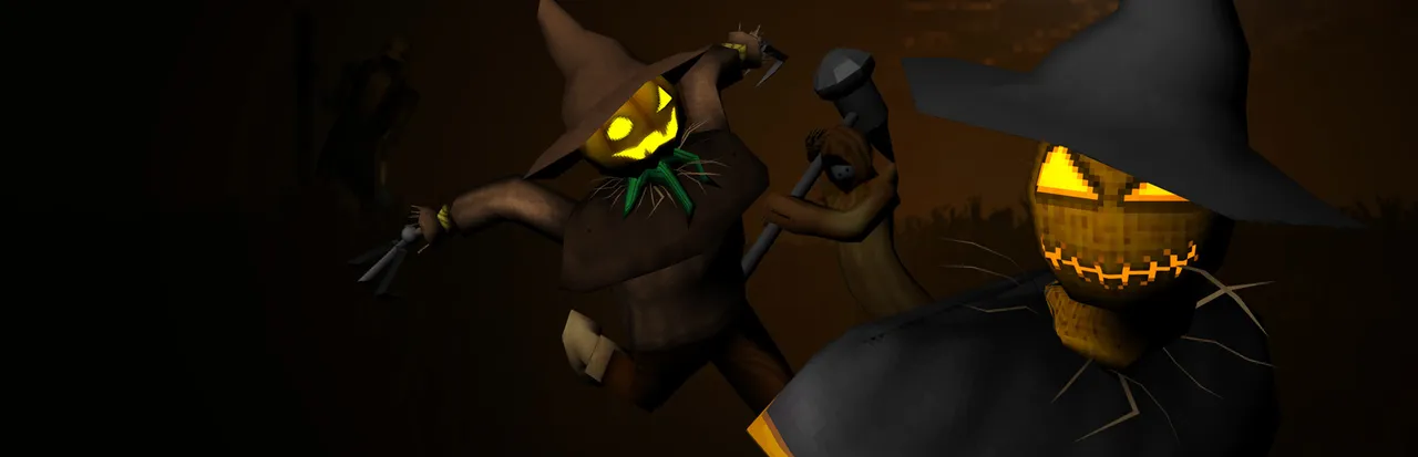 Zardy's Maze key art: two scarecrows with glowing jack-o'-lantern faces, one leaping with shears and a mace