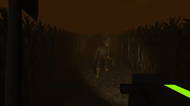 A pumpkin-headed scarecrow standing on a dark path between rows of corn, lit by the player's flashlight