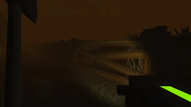 The player holding an axe and flashlight in front of a wooden gate at the maze entrance at night