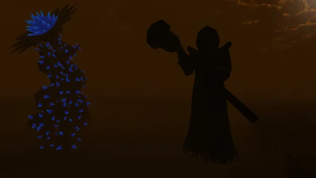 A thorny blue plant creature and a hooded silhouette carrying a mace in the orange gloom