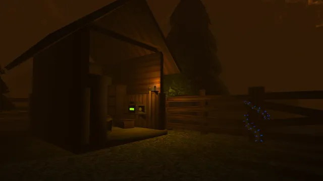 A small lit farm shed beside a fence at night, a thorny vine on the fence