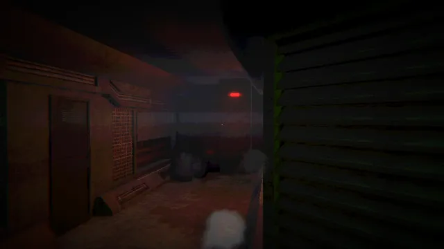 Zeitgeist screenshot: a dim red bunker corridor with metal shutters and a small red light