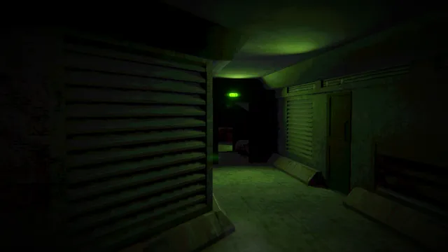 Zeitgeist screenshot: a corridor lit green, lined with shutters and doors leading into darkness