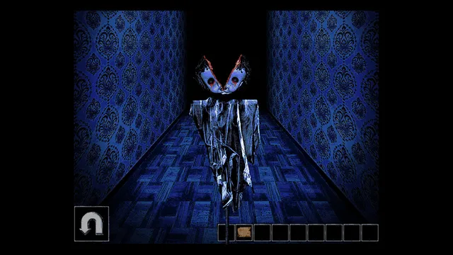 Zelle screenshot: a ragged figure with a winged mask floats down a blue wallpapered corridor toward the player