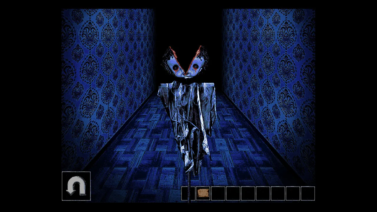 Zelle screenshot: a ragged figure with a winged mask floats down a blue wallpapered corridor toward the player
