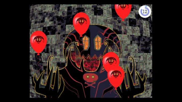 Zelle demon battle: a horned demon with red balloons bearing skull faces and a countdown timer