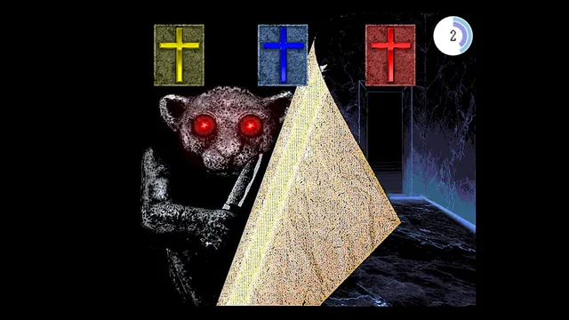 Zelle demon battle: a red-eyed creature with a knife beside three coloured cross panels