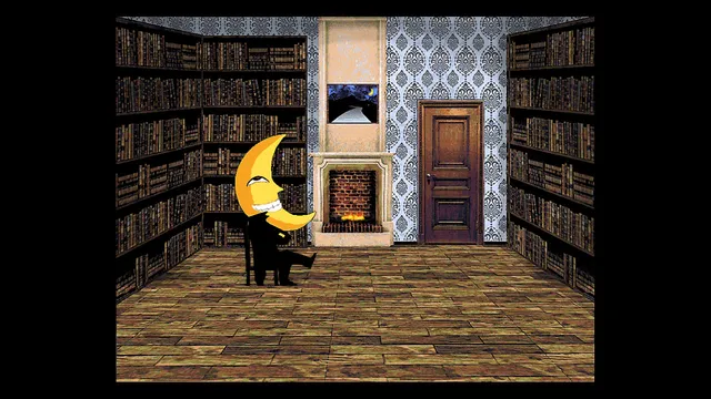 Zelle screenshot: a grinning crescent-moon-headed man sits in a library by a fireplace