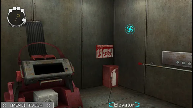 Zero Escape: The Nonary Games screenshot: an escape room inside a metal elevator, with a strange red machine, a fire extinguisher and floor buttons