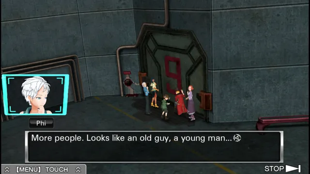 Zero Escape: The Nonary Games screenshot: in Virtue's Last Reward, Phi watches a group gather before a heavy door painted with a red 9