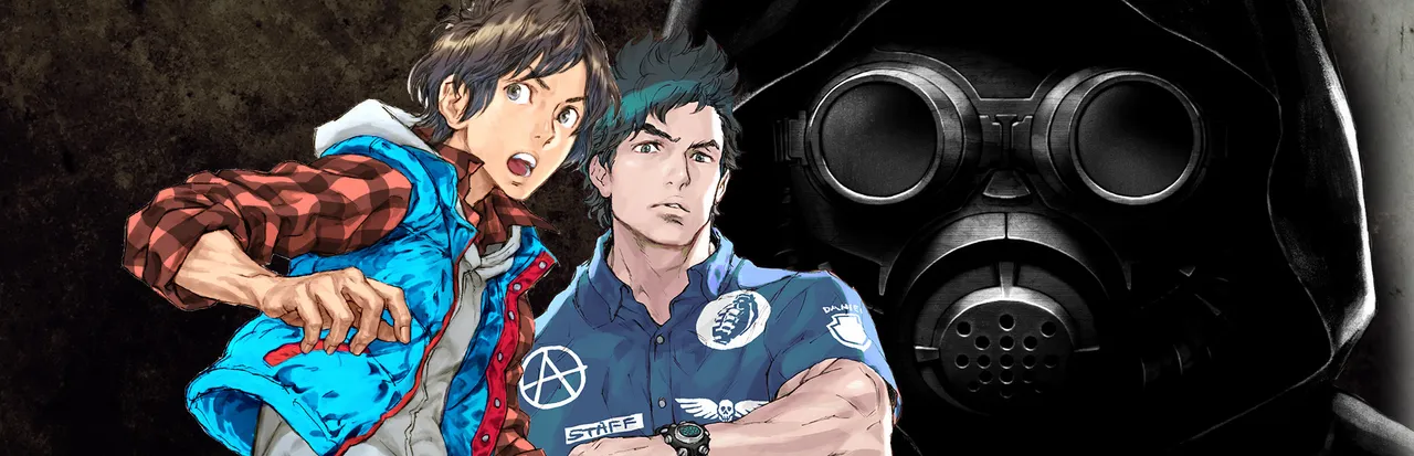 Zero Escape: The Nonary Games key art: Junpei and Sigma in anime style beside the hooded, gas-masked figure of Zero