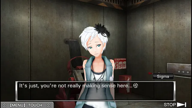 Zero Escape: The Nonary Games screenshot: Phi speaks to Sigma in a dialogue box inside the riveted metal elevator