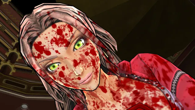 Zero Time Dilemma screenshot: a green-eyed woman's face and shoulders spattered with blood