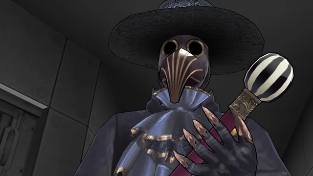 Zero Time Dilemma screenshot: Zero, in a plague doctor's mask and wide hat, holds up a striped capsule in a dark room