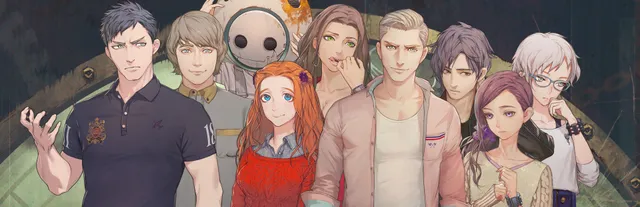 Zero Time Dilemma key art: the nine participants, among them a figure in a round white helmet, stand together before a riveted hatch