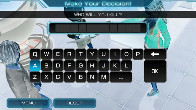 Zero Time Dilemma screenshot: a Make Your Decision screen asks Who will you kill? with a keyboard to type the name