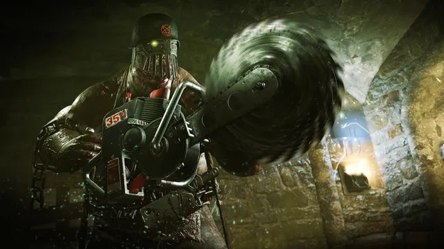 Zombie Army 4: Dead War screenshot: a masked undead brute with a huge buzzsaw arm in a stone tunnel