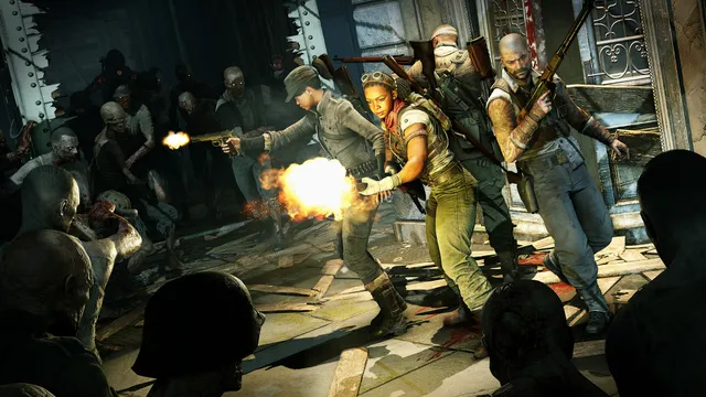 Zombie Army 4: Dead War screenshot: four survivors fire into a crowd of zombies at the gate of a dark building