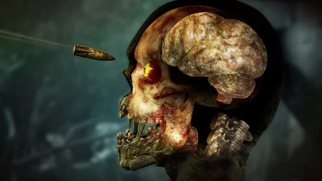 Zombie Army 4: Dead War screenshot: an X-ray kill cam shows a bullet about to hit a zombie's skull and brain