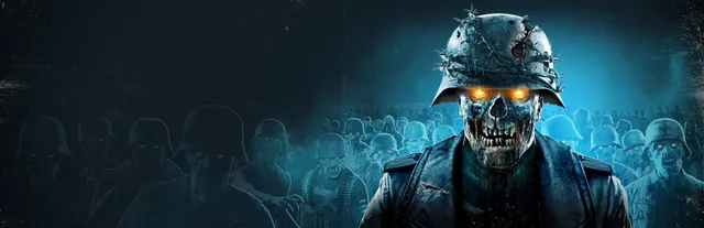 Zombie Army 4: Dead War key art: a skeletal zombie soldier with glowing eyes in a barbed-wire helmet, rows of undead behind him