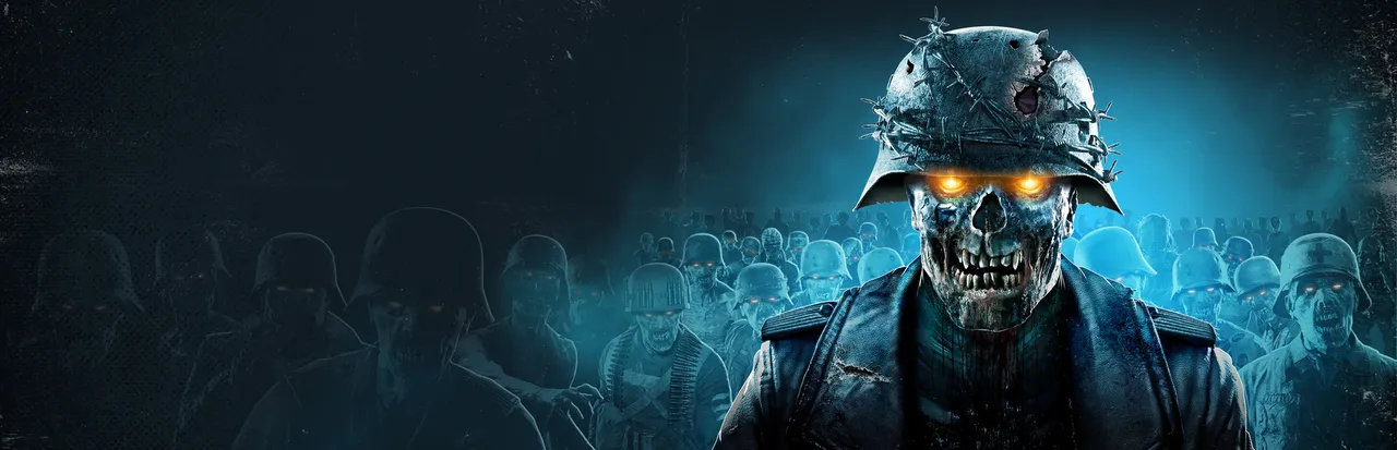 Zombie Army 4: Dead War key art: a skeletal zombie soldier with glowing eyes in a barbed-wire helmet, rows of undead behind him