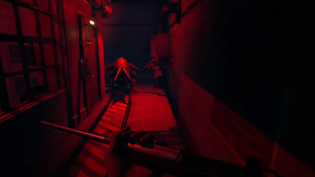 Zoochosis screenshot: a winged red creature waits at the end of a red-lit service tunnel as the keeper holds a pole