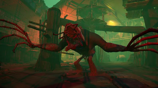 Zoochosis screenshot: a red, spider-legged mutant with a gaping mouth stalks a misty green enclosure while a panda watches behind
