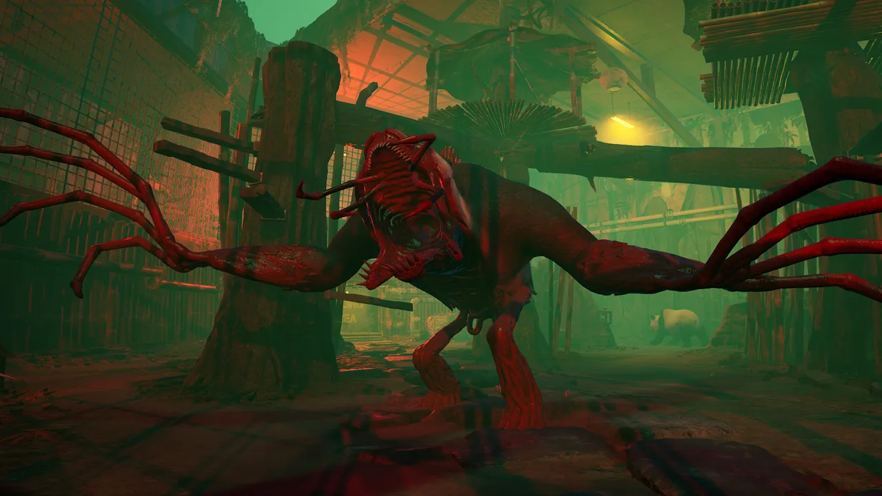 Zoochosis screenshot: a red, spider-legged mutant with a gaping mouth stalks a misty green enclosure while a panda watches behind