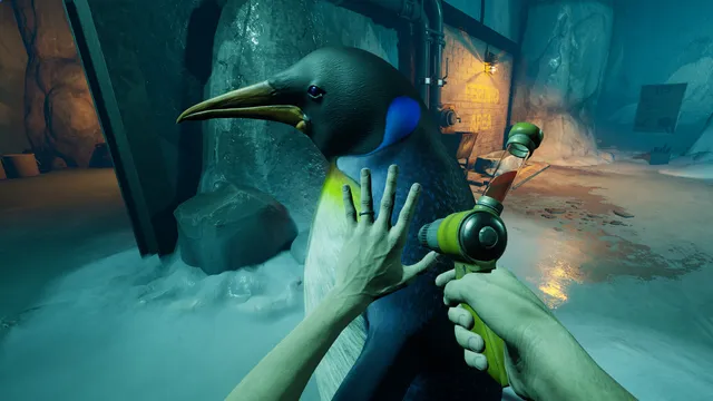 Zoochosis screenshot: the keeper holds a penguin steady and readies a syringe gun on a blood-streaked icy floor