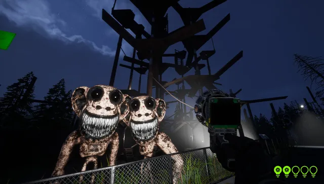 Zoonomaly screenshot: two grinning, big-eyed monkey monsters peer over a fence under a wooden climbing tower