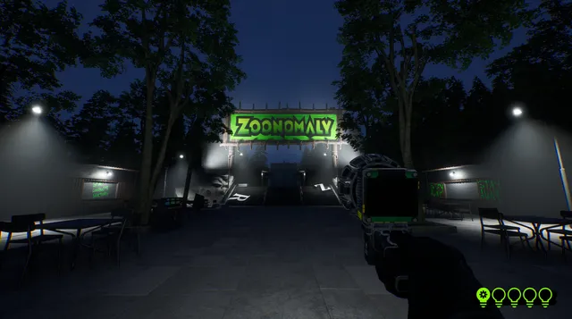 Zoonomaly screenshot: the lit Zoonomaly entrance gate at night, with café tables and the player's device in hand
