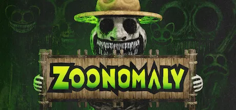 Zoonomaly store art: the grinning zookeeper in a ranger hat holds up a wooden sign with the green title