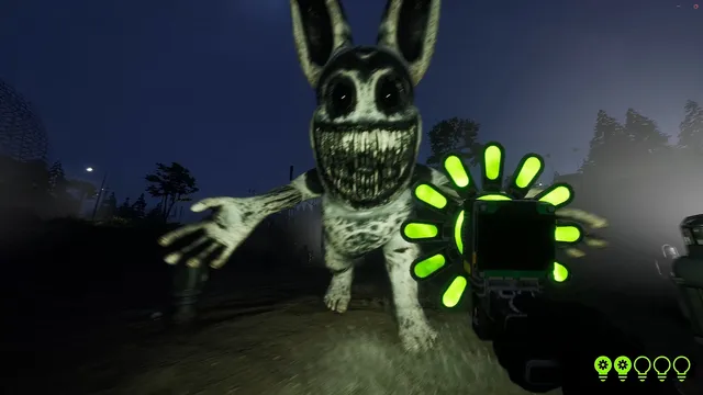 Zoonomaly screenshot: a pale rabbit monster with black eyes and a huge toothy grin reaches toward the player, who holds up a glowing green device