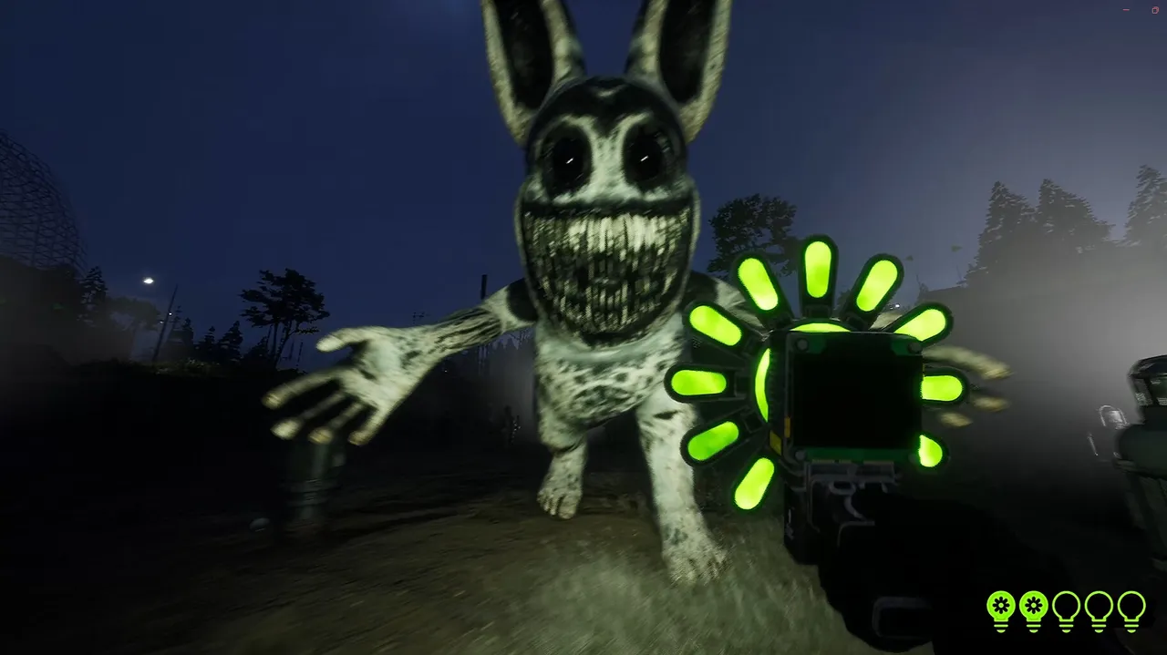 Zoonomaly screenshot: a pale rabbit monster with black eyes and a huge toothy grin reaches toward the player, who holds up a glowing green device