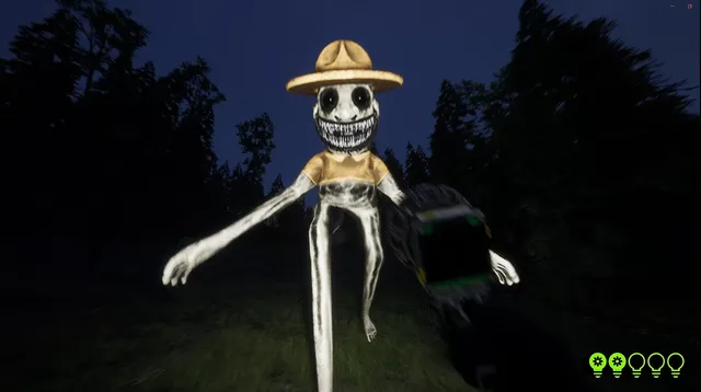 Zoonomaly screenshot: a long-limbed grinning zookeeper in a ranger hat lunges through the dark trees