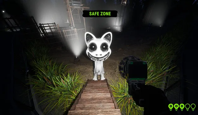 Zoonomaly screenshot: a white cat monster with black eyes stands on a wooden path marked Safe Zone