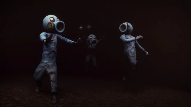 Zort screenshot: three players in blue suits and round helmets in a dark field