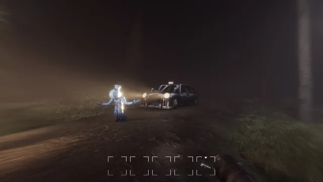 Zort screenshot: a player in a blue suit stands by a taxi on a foggy forest road at night