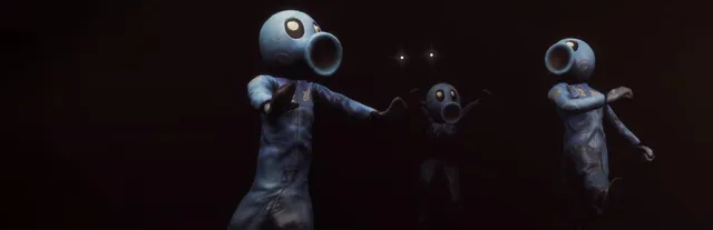 Zort key art: three players in blue suits with round helmets stand in the dark, glowing eyes behind them