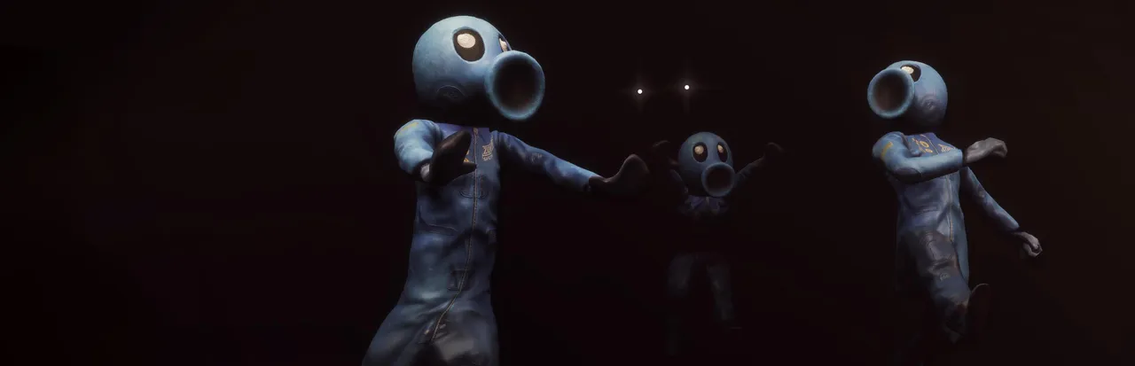 Zort key art: three players in blue suits with round helmets stand in the dark, glowing eyes behind them