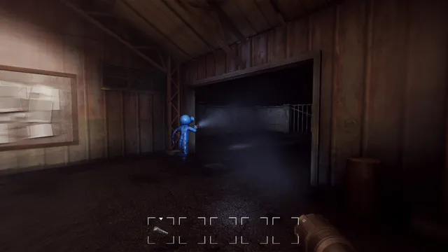 Zort screenshot: a player with a flashlight searches the dark inside of a wooden barn