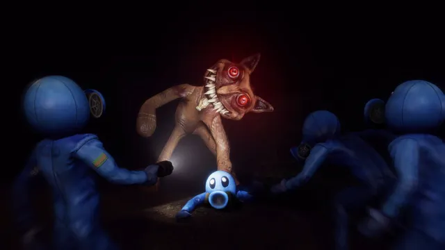 Zort screenshot: a long-limbed creature with red eyes and bared teeth looms over players in blue suits